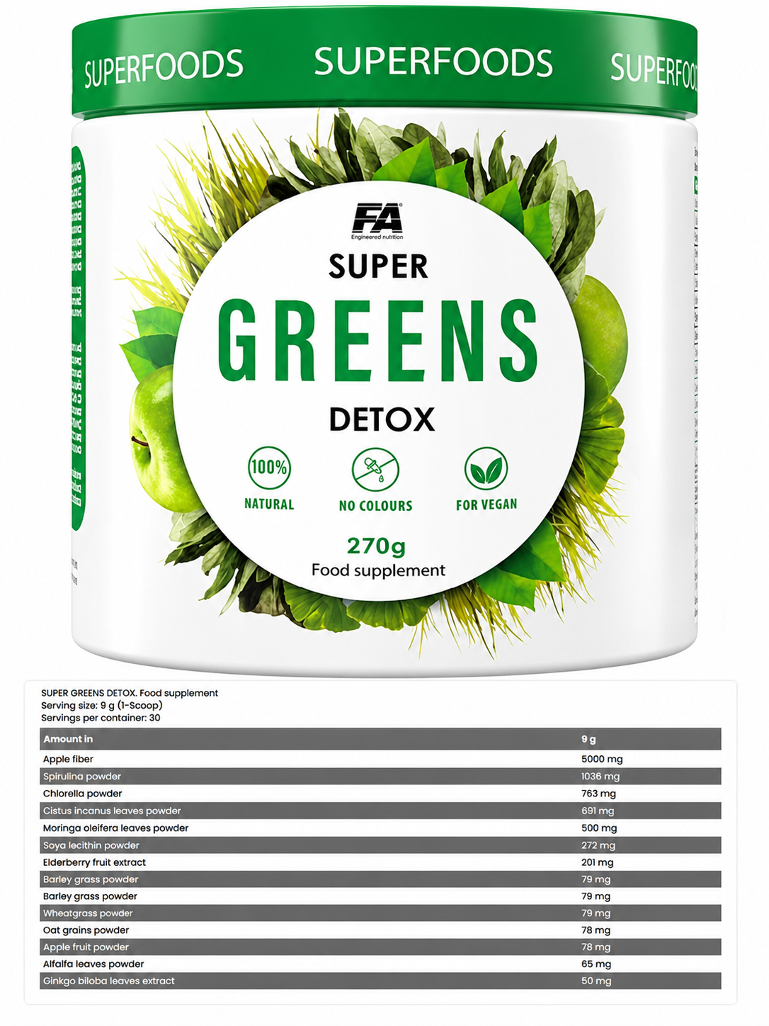 FA Nutrition Super Greens Detox 270g – Pudră Detox cu Spirulină, Chlorella, Fibre și Ginkgo Biloba, Vegan
