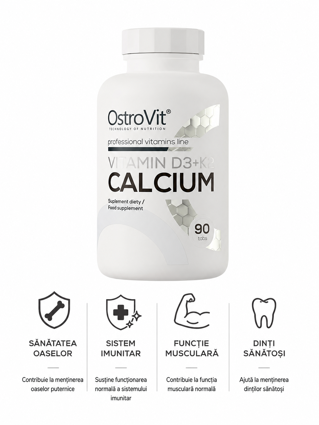 OstroVit Vitamina D3 + K2 + Calciu – Supliment pentru Oase, Dinți și Sistem Imunitar 90 TABS