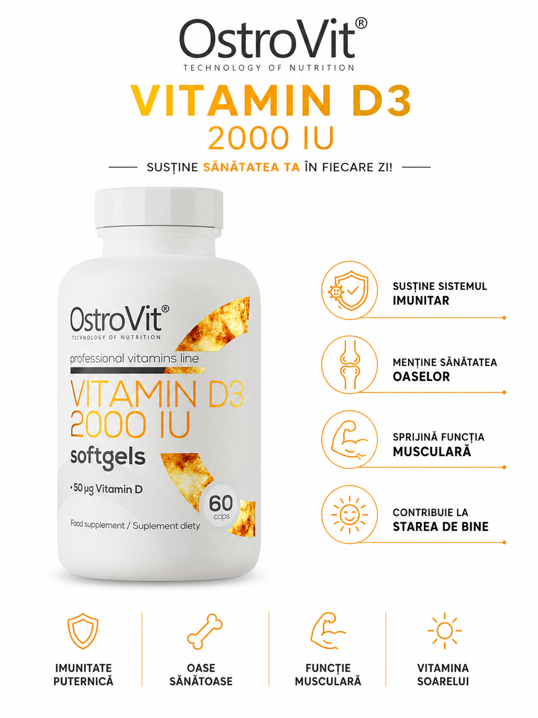 OstroVit Vitamina D3 2000 UI 60 Capsule Softgel – Supliment cu Vitamina D pentru Oase, Mușchi și Sistem Imunitar