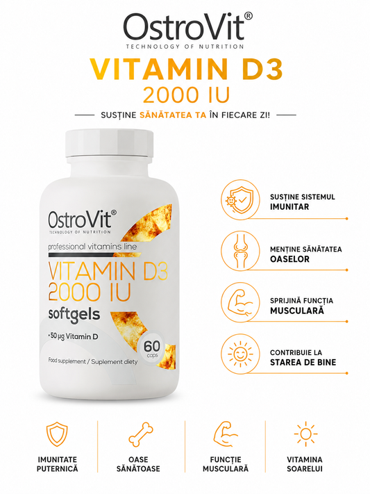 OstroVit Vitamina D3 2000 UI 60 Capsule Softgel – Supliment cu Vitamina D pentru Oase, Mușchi și Sistem Imunitar