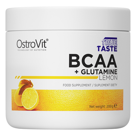 OstroVit BCAA 8:1:1 + Glutamina 200g Portocale – Aminoacizi pentru Masă Musculară, Recuperare & Energie (40 porții)