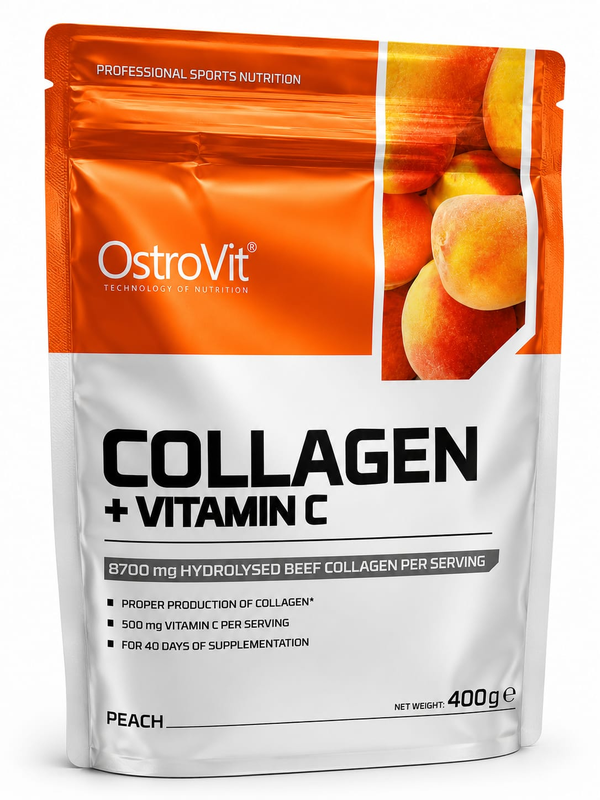 OstroVit Collagen + Vitamina C 400 g Piersică – Colagen Hidrolizat din Vită, 8766 mg Colagen + 500 mg Vitamina C